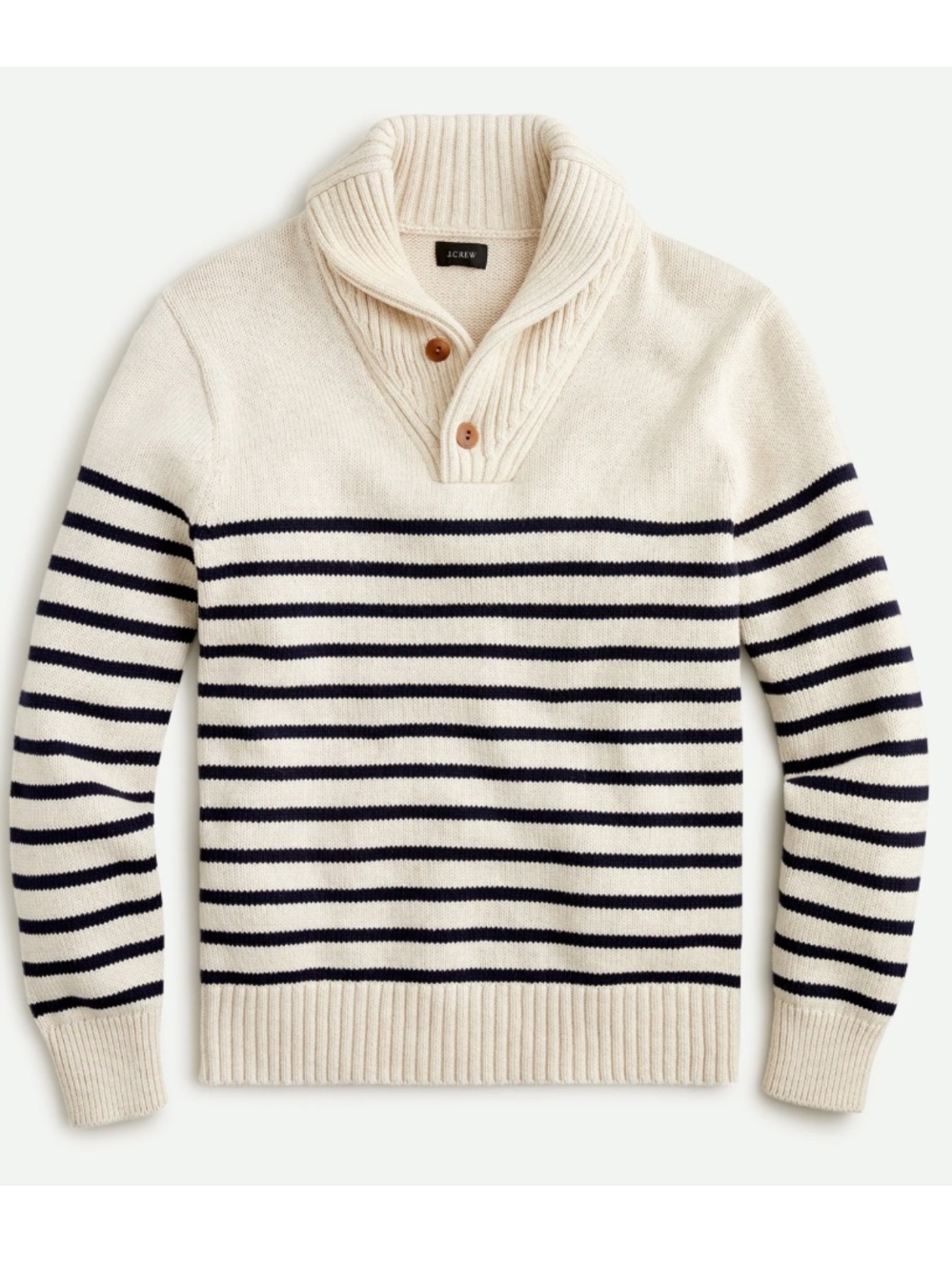 J. Crew Cream and Black Striped Shawl Collar Sweater